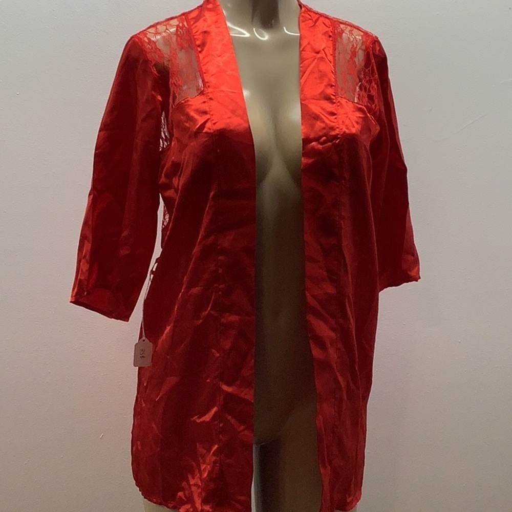 Satin Lace-Trim Red Open-Front Robe